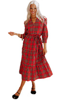 Red Christmas Plaid V Neck Tie Waist Ruffle Hem Long Dress Midi Dresses 58fc9e5dde09edf3