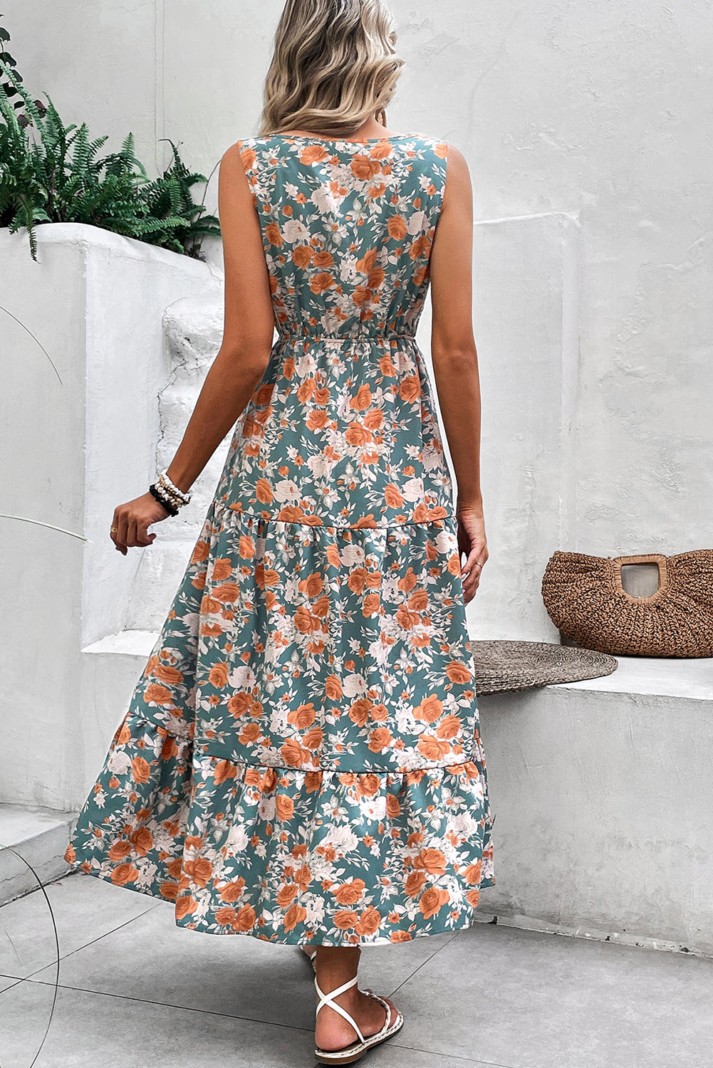 Green Floral Print Trimmed V Neck Sleeveless Vacation Dress Midi Dresses 590215622b184722