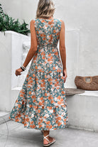 Green Floral Print Trimmed V Neck Sleeveless Vacation Dress Midi Dresses 590215622b184722