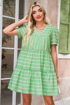 Green Striped V Neck Frill Tiered Mini Dress Short Dresses 59199aa8c837b7d6