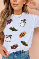 White Sequined Halloween Spirit Pattern Patched Custom Casual Tee Graphic Tees 594ff2e35dff1abd