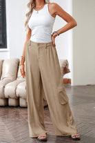 Camel Solid Color Elastic High Waist Loose Cargo Pants Pants 598ef17b21ed6e78