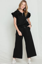 Black Textured Ruffle Cap Sleeve Top and Wide Leg Pants Set Two Piece Pants Sets 59b30be370c1dd9e