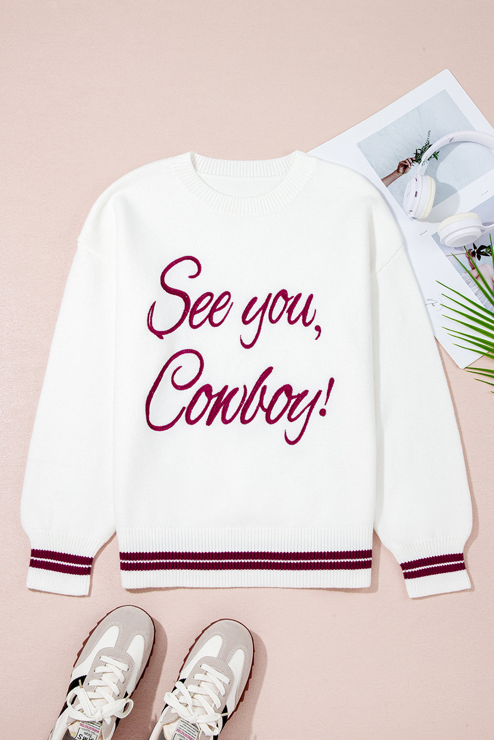 White Letter Embroidered Graphic Sweater Sweaters 59be0cee82adc9af
