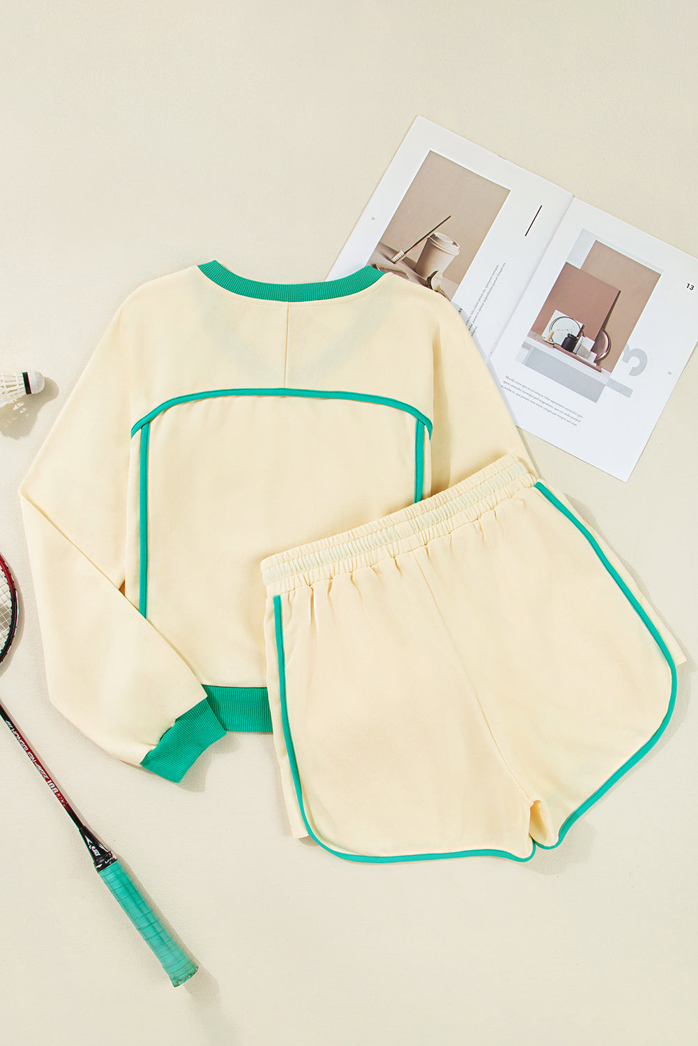 White Contrast Trim Colorblock Long Sleeve Pullover and Drawstring Shorts Set Two Piece Shorts Sets 59e7a2339e3b1279