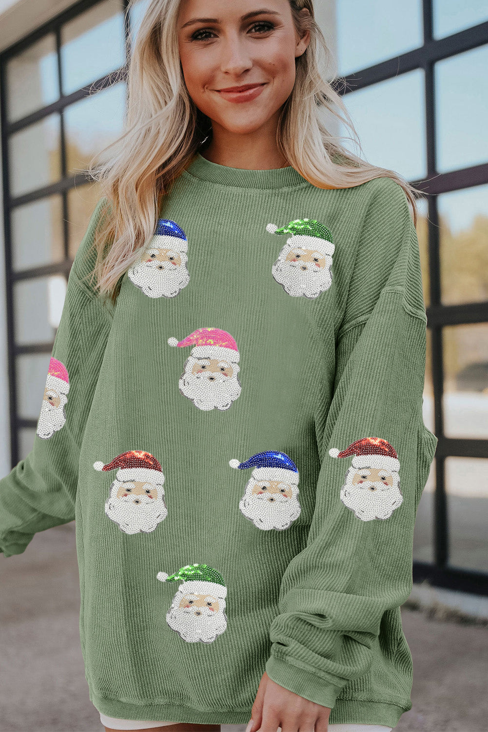 Grass Green Corded Ribbed Santa Claus Graphic Sequins Patch Sweatshirt Graphic Sweatshirts 5a03c84b3d01bb18