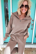 Black Zip Collar Long Sleeve Top Drawstring Pants Set Two Piece Pants Sets 5a4c61342aff5ffb