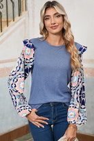 Ashleigh Blue Ruffle Floral Sleeve Patchwork Waffle Top Long Sleeve Tops 5a55a294ba4f03fb