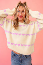 Pink Heart Pattern Ribbed Round Neck Knit Sweater Sweaters 5a72565d05a034b9