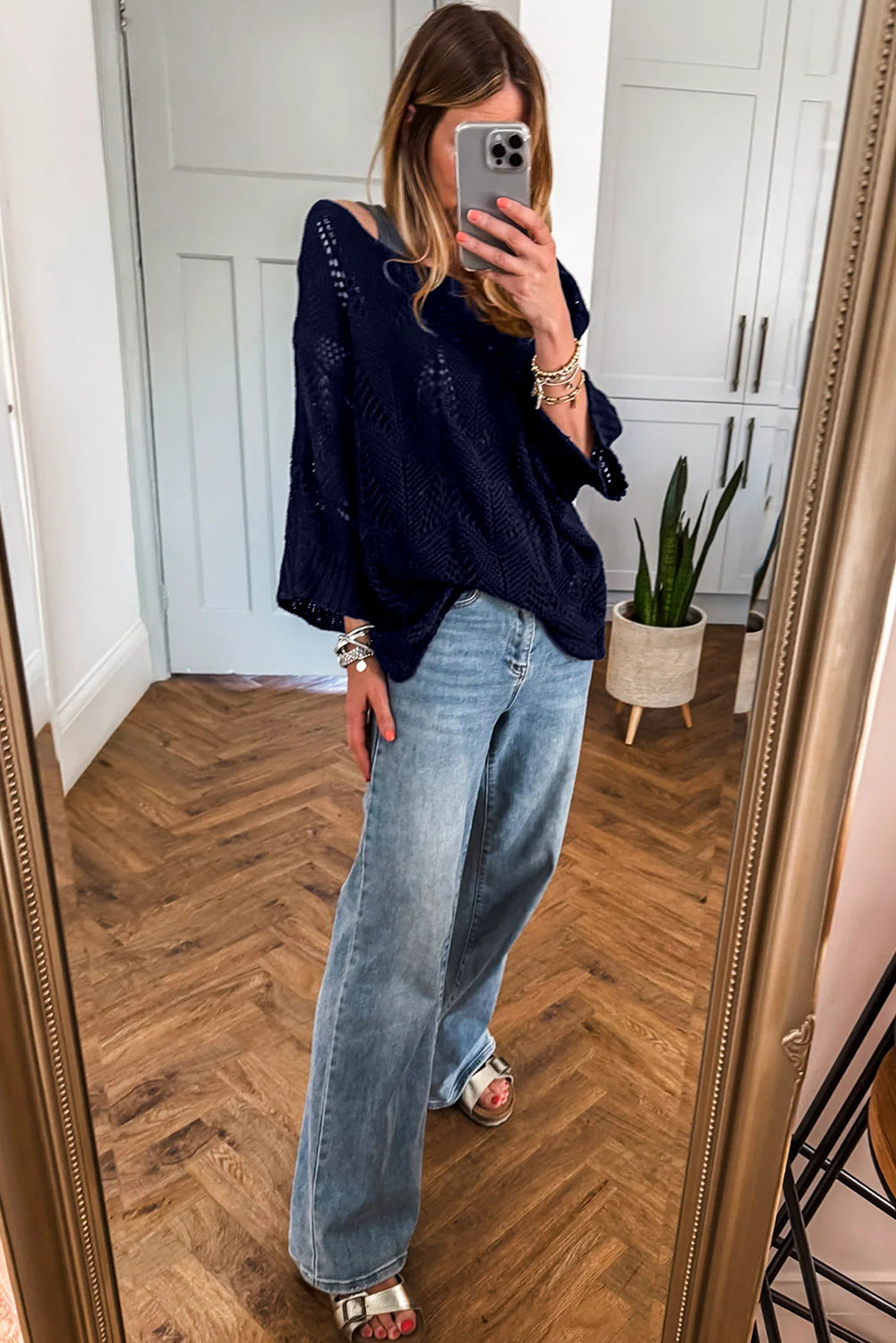 Seagrass Hollow Out Knit 3/4 Sleeve Loose Sweater Sweaters 5a800fcf945208a0