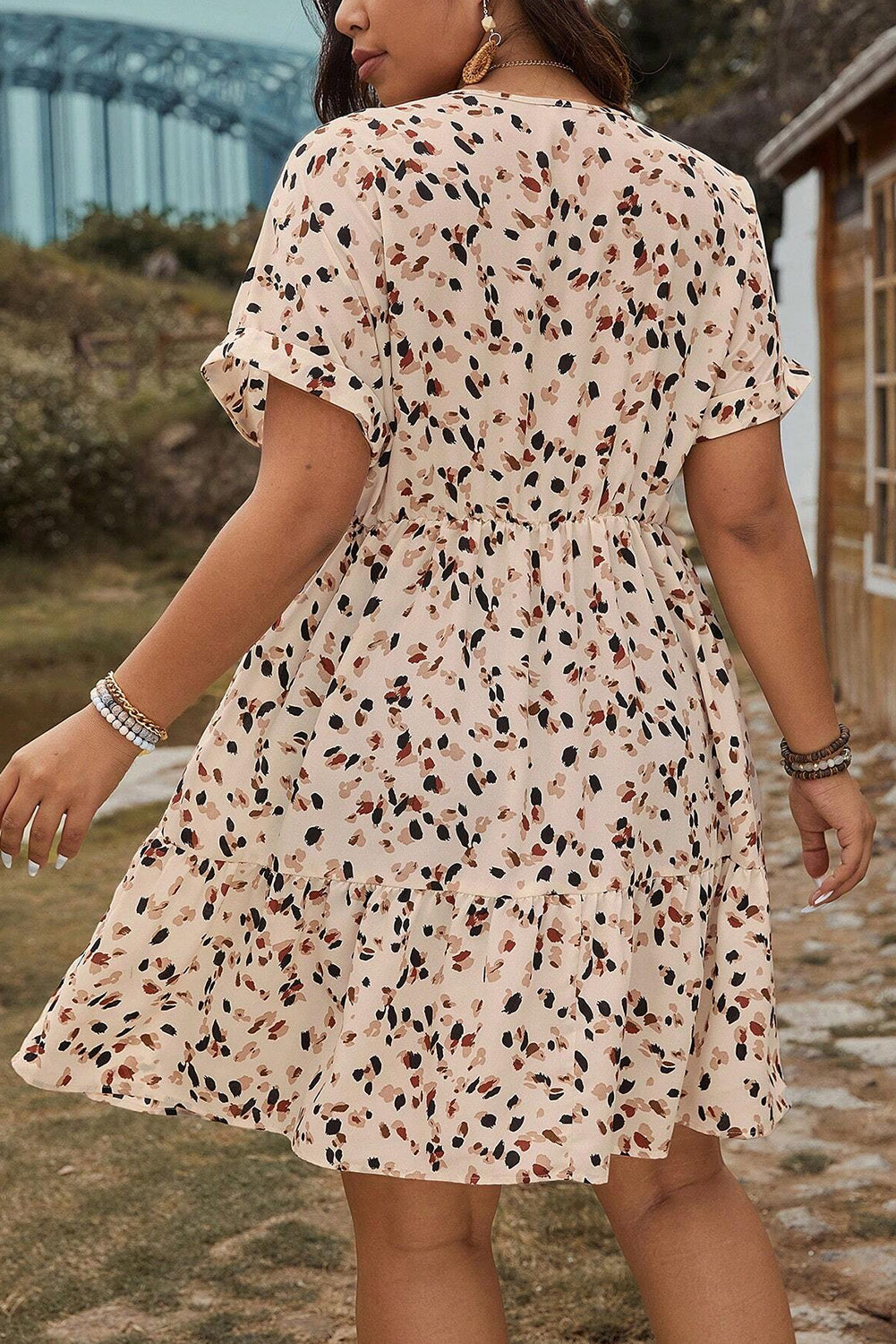 Beige Abstract Print Surplice V Neck Cuffed Sleeve Empire Waist Plus Size Dress Plus Size Dresses 5aad89a09cfecae1