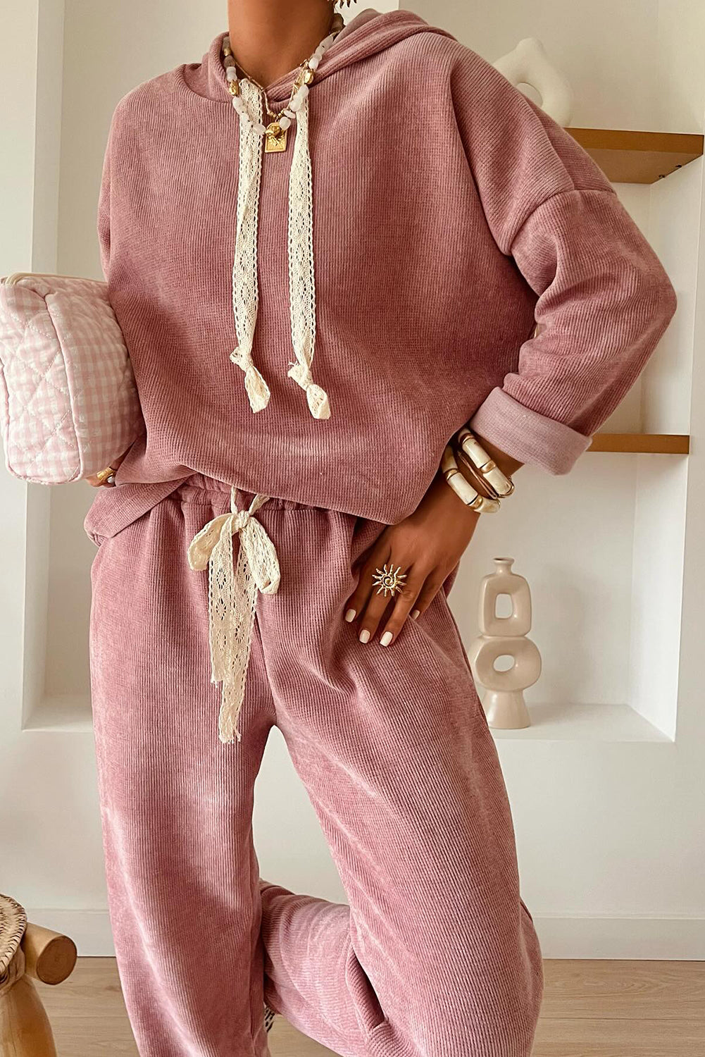 Rose Tan Drawstring Pullover Hoodie and High Waist Pants Corduroy Suit Two Piece Pants Sets 5aadb45af0451053