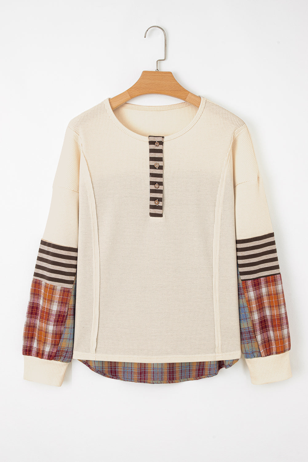 Beige Waffle Stripe Plaid Patchwork Henley Top Long Sleeve Tops 5aeba79abdeb9bd8