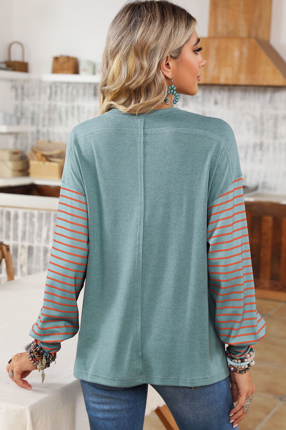 Green Colorblock Striped Bishop Sleeve Top with Side Slits Long Sleeve Tops 5af94714a2b1b5b5