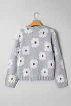 Gray Cute Flower Print V Neck Drop Shoulder Baggy Sweater Sweaters 5b01ed2a68cad473