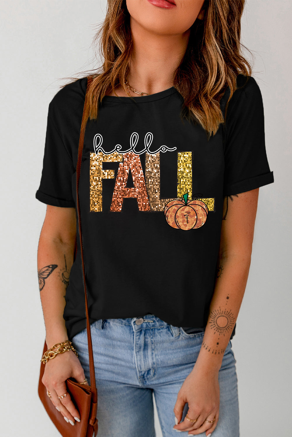 Black Hello Fall Letter Pumpkin Heat Transfer Printing T Shirt Graphic Tees 5b4dbb3d3e5dfe05