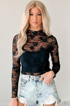 Black Mock Neck Floral Lace Mesh Long Sleeve Top Long Sleeve Tops 5b747510653dc7c7