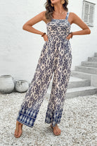 Blue Boho Geometric Print Smocked High Waist Wide Leg Jumpsuit Jumpsuits 5b8ea5c3b02fd790