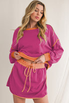 Evergreen Contrast Trim Loose Pullover and Lace-up Waist Skort Set Two Piece Shorts Sets 5b93e2932163140a