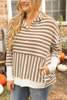 Brown Stripe Drop Sleeve Plus Size Henley Hoodie Plus Size Tops 5ba6e919df8f5873