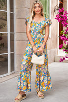 Yellow Floral Allover Print Shirred Cut Out High Waist Jumpsuit Jumpsuits 5bb73fd57d3a8d7e