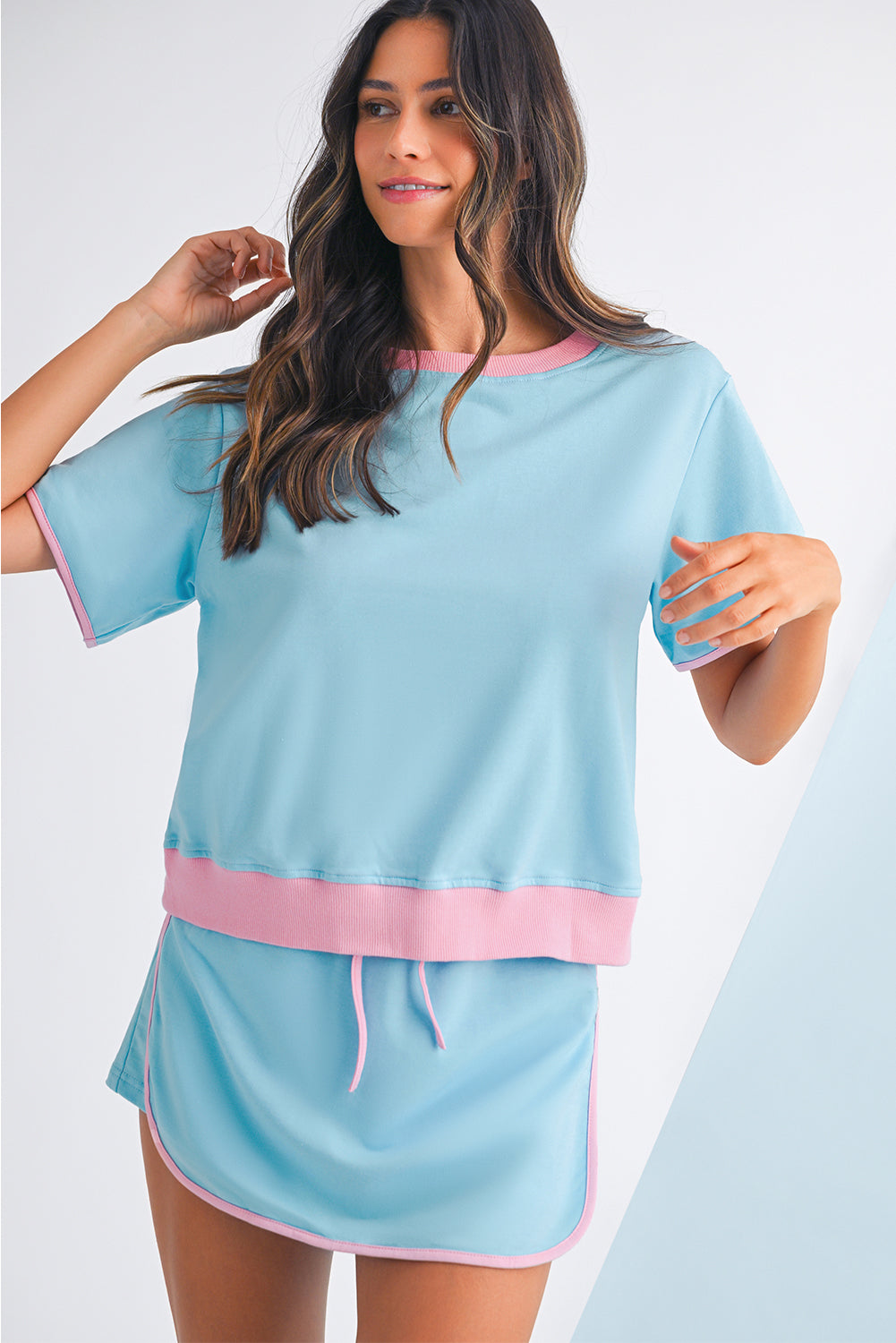 Evergreen Colorblock Edge Drop Shoulder T Shirt and Skort Set Two Piece Shorts Sets 5bbd29489976e785