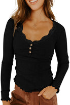 Black Lace Neckline Button Decor Lettuce Edge Long Sleeve Ribbed Top Long Sleeve Tops 5bc67611b828670a
