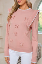 Light Pink Bow Detail Contrast Trim Ruffle Sweater Sweaters 5bc780e49a234889