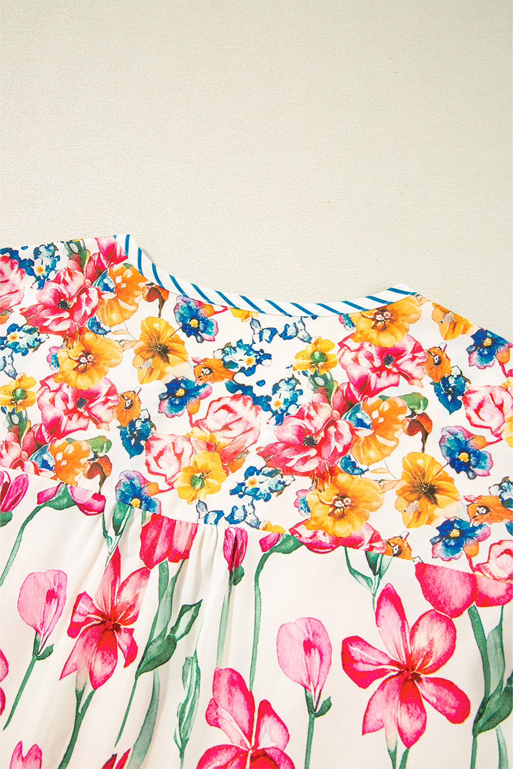 Pink Plus Size Floral Print Striped Trim V Neck Blouse Plus Size Tops 5bd60ba3f894ae14