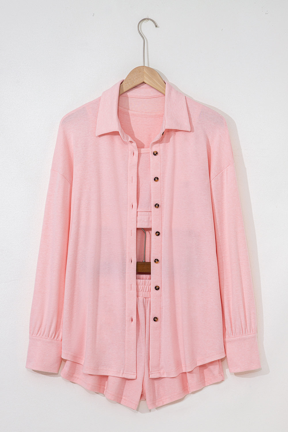 Gray Shirred Hem Crop Tank Top Loose Shorts Cardigan 3 Piece Pajama Set Loungewear Set 5bda93f1be38caa8