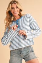 Sky Blue Stripe Textured Long Sleeve Henley Top Long Sleeve Tops 5bdbb8f8b8b26fdf
