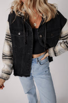 Black Patchwork Plaid Sleeve Frayed Hem Hooded Denim Jacket Jackets 5bfd4e45efd4748d