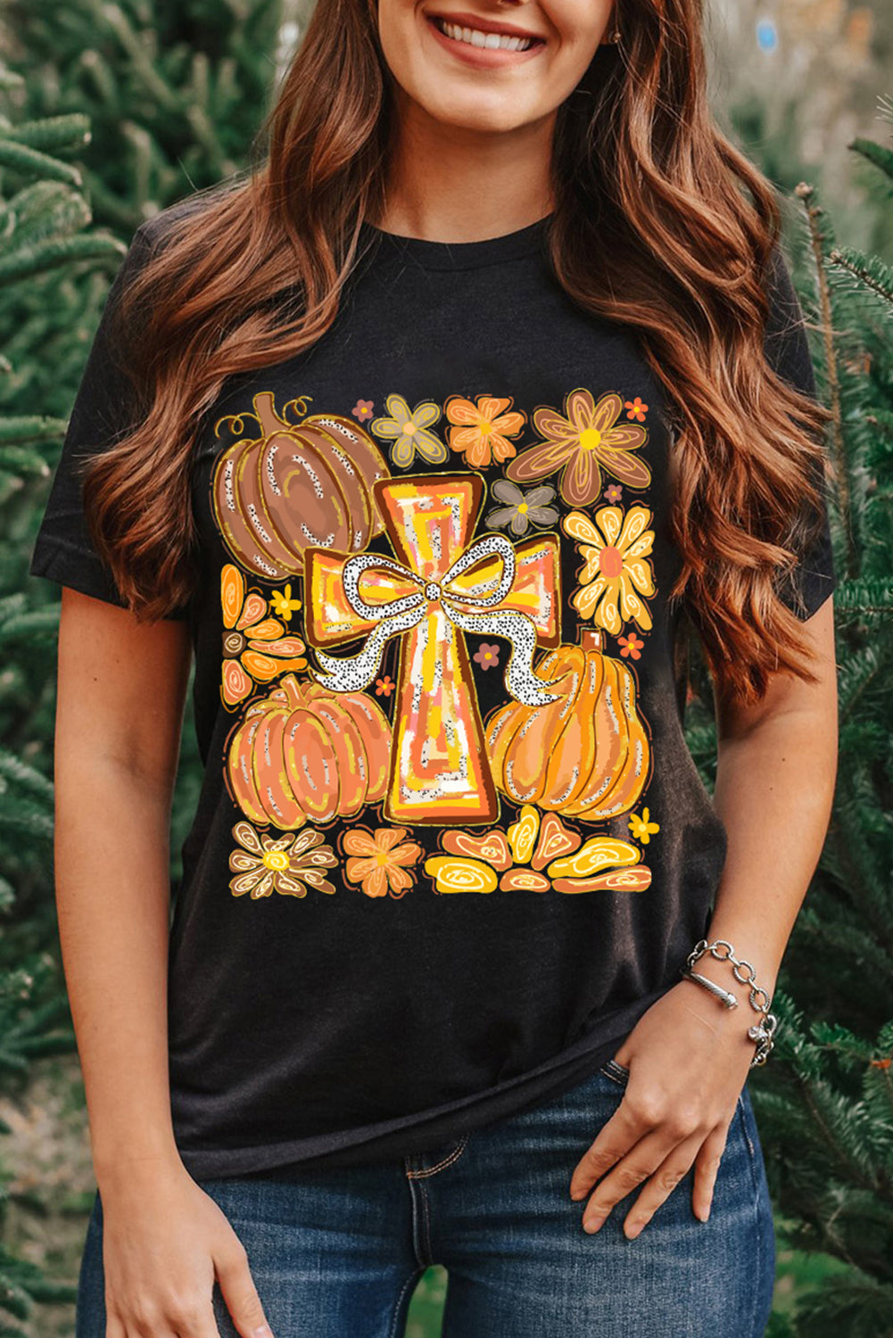 Black Thanksgiving Pray Cross Pumpkin Heat Transfer Printing Graphic Cotton Blend Tee Graphic Tees 5c4c330b016b3d49