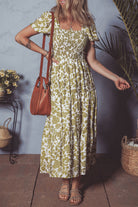 Yellow Boho Floral Print Square Neck Puff Sleeve Tiered Maxi Dress Maxi Dresses 5c4dd409451bb6f9