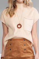 Oatmeal Patch Pocket Ribbed Knit Short Sleeve Sweater Knit Tops 5c4ee7b46d1dd735
