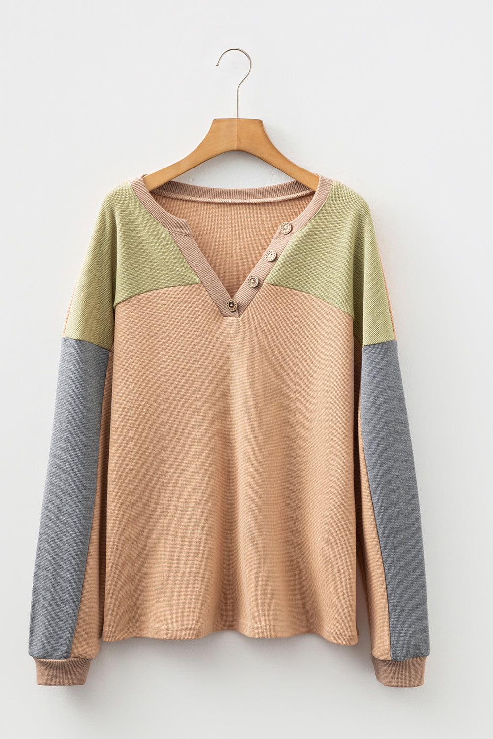 Buckskin Colorblock Thermal Waffle Knit Drop Shoulder Henley Top Long Sleeve Tops 5c6f75aef7529661