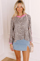 Khaki Leopard Print Contrast V Neck Varsity Stripe Detail Long Sleeve Top Long Sleeve Tops 5c87c5898a14ad3f