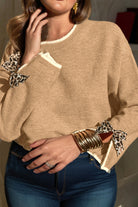 Tan Plus Size Leopard Bow Decor Split Cuffs Loose Sweater Plus Size Sweaters&Cardigans 5c8ee980eb990d77