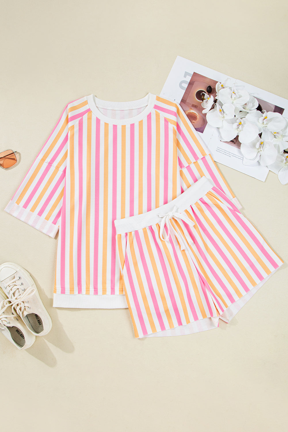 Pink Stripe Drop Shoulder Half Sleeve Loose Tee and Shorts Casual Set Two Piece Shorts Sets 5c9bf32ad9b37391