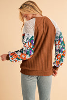 Laurel Green Floral Patchwork Raglan Sleeve Ribbed Blouse Long Sleeve Tops 5c9eaaa78bddba05