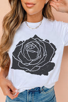 White Large Rose Graphic Crew Neck T Shirt Graphic Tees 5cce92fd4e07f2a4