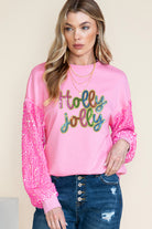 Pink Holly Jolly Letter Sequins Patch Drop Shoulder Patchwork Long Sleeve Top Graphic Apparel 5ce7248dfd0a4f82