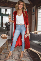 Red Velvet Elegant Open Front Pocket Long Cardigan Cardigans 5d1f1679edd653f1
