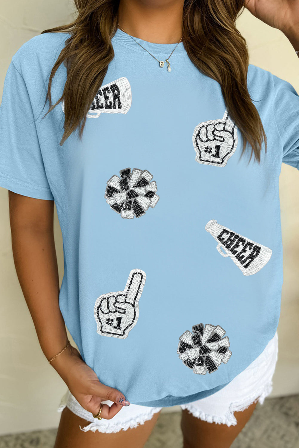 Light Blue Cheer Game Day Element Sequin Patched T Shirt Graphic Tees 5d7d411282b32820