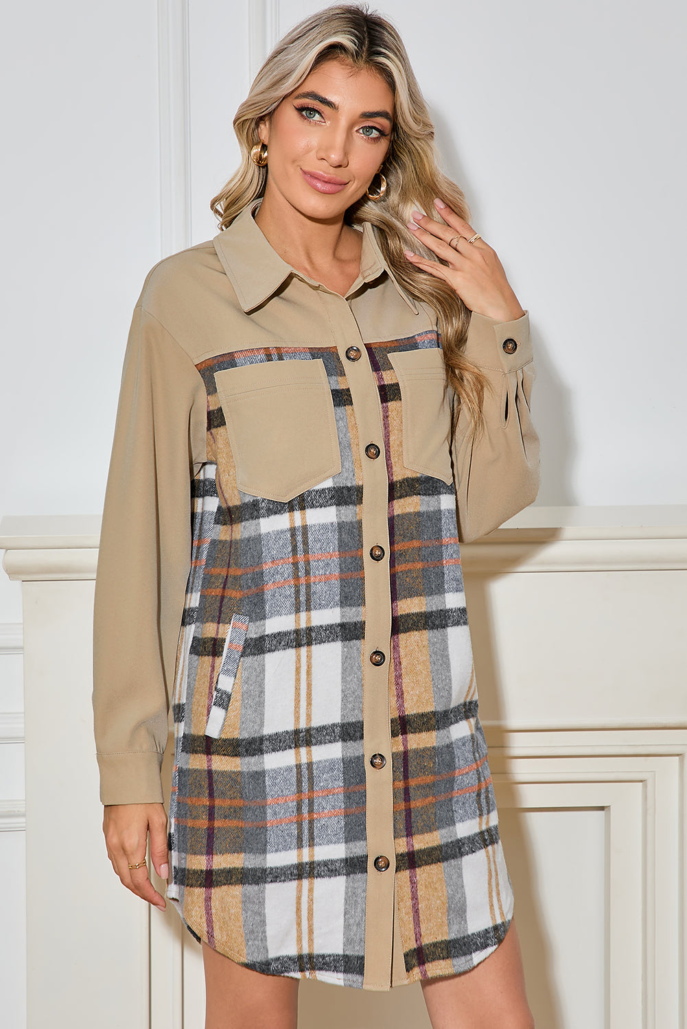 Khaki Plaid Patchwork Long Sleeve Jacket Jackets 5d80e3a03fe4a29d