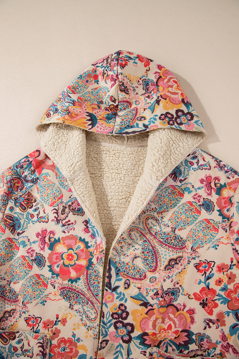 Beige Vintage Paisley Floral Printed Sherpa Lined Hooded Jacket Jackets 5db9f6999b99d0cd