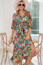 Green Boho Floral Puff Sleeve V Neck Tassel Drawstring Midi Dress Midi Dresses 5dbb539cea6a90bf