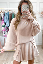 Jet Stream Corded Lantern Sleeve Pullover and Ruffle Mini Skirt Set Two Piece Skirt Sets 5dcc6c7c00f6012e