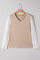 Oatmeal Lace Patchwork Sleeve V Neck Top Long Sleeve Tops 5e00392aa83d5554