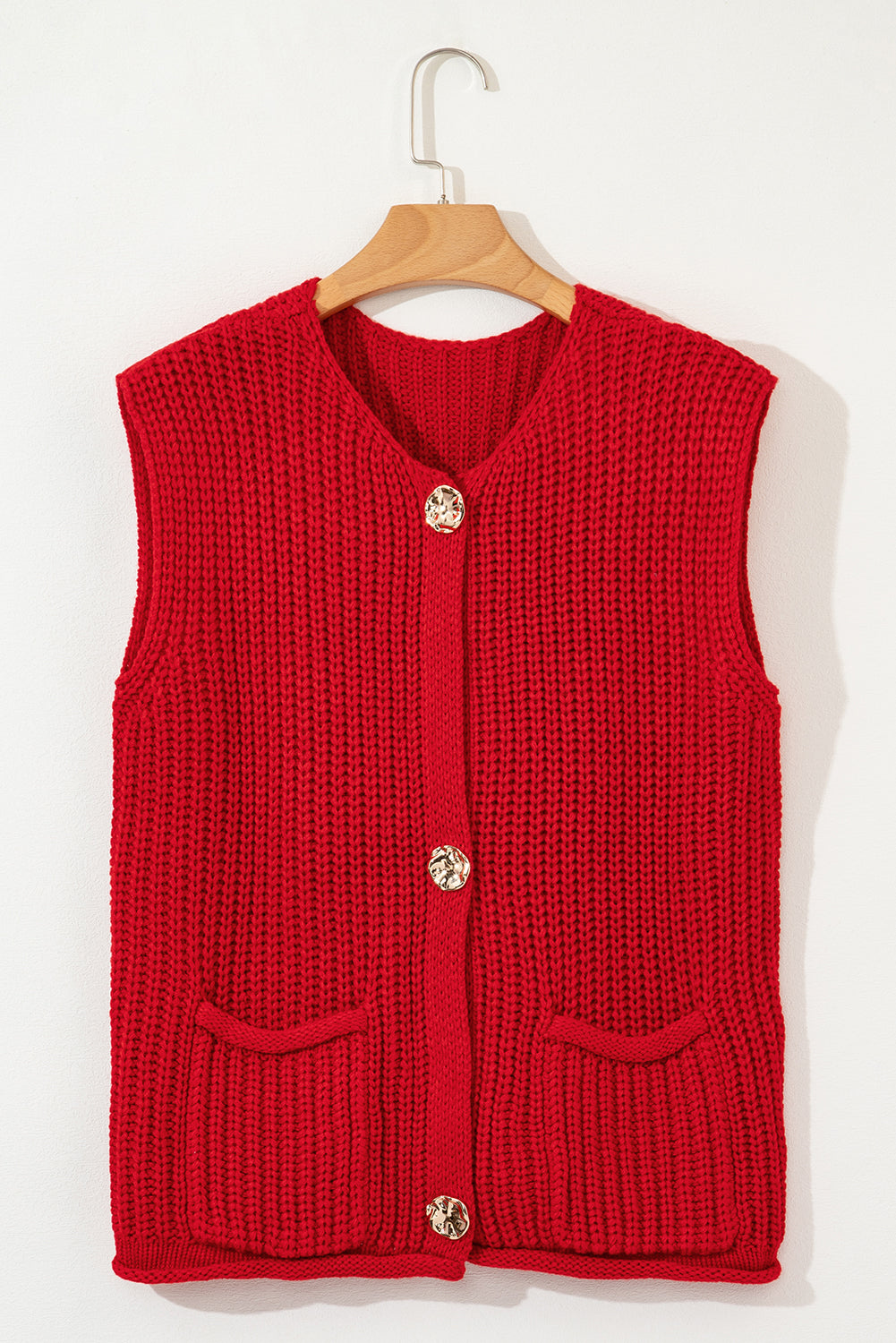 Fiery Red Solid Textured Knit Side Pockets Buttoned Sweater Vest Cardigans 5e30e29f5092cc9e